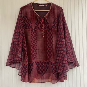 Soft Surroundings Women's Red Purple Boho Tassel Poncho Top Size 1X